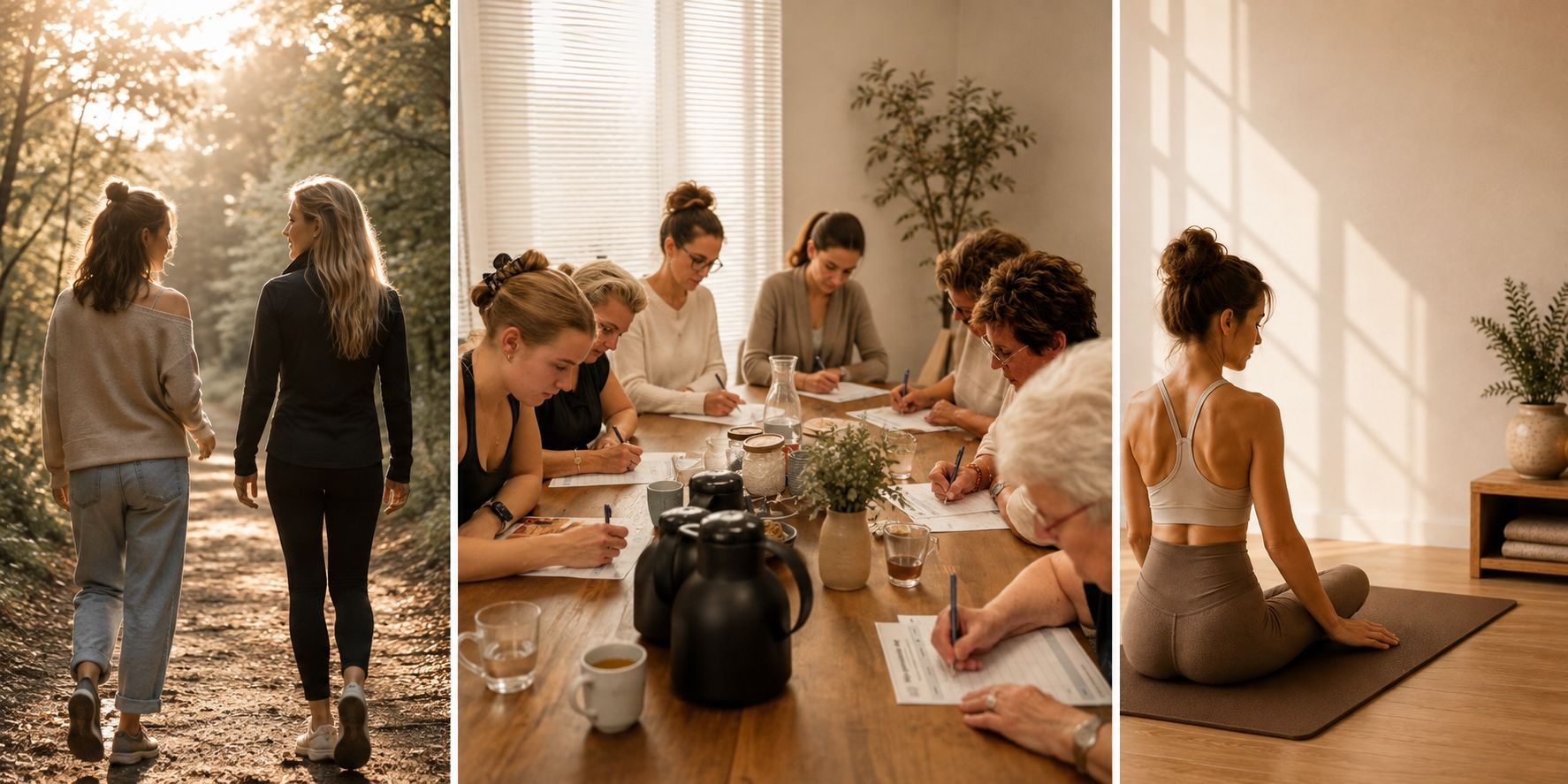 Wandelcoaching in het bos, een kennisavond aan tafel en een yogamoment in de studio